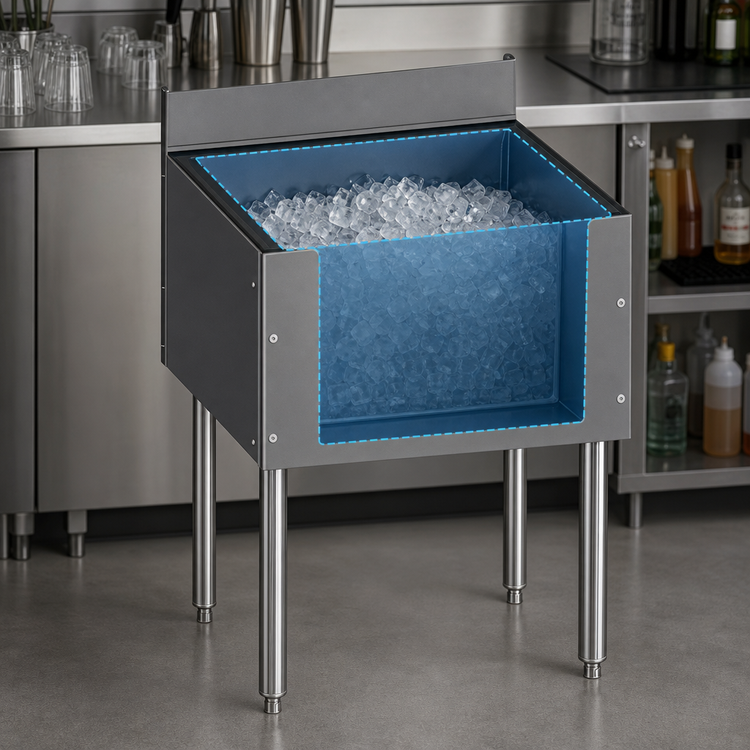 Product image #4 for CHOICE Extra Deep Underbar Ice Bin, 18 Inch Wide x 19 Inch Deep, 69 lb Capacity, Stainless Steel