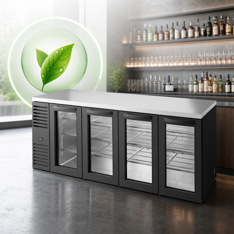 Product image #4 for True 92-Inch Four-Door Glass Back Bar Cooler with Side-Mounted Self-Contained Refrigeration