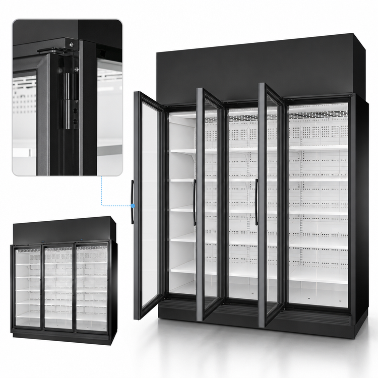 Product image #4 for True 3-Section Left-Hinge Glass Door Refrigerated Merchandiser, Self-Contained, Medium Temp, Black Exterior/White Interior