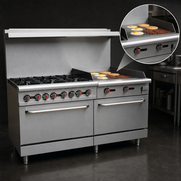 Product image #4 for Omcan USA 60-Inch Natural Gas Commercial Range with 6 Open Burners, 24-Inch Right Griddle, and 2 Standard Ovens