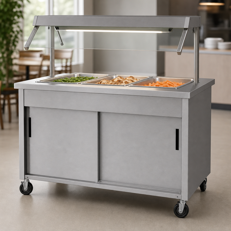 Product image #4 for Vollrath 2-Series Affordable Portable 3-Well Hot Food Station with Buffet Breath Guard, Lights, and Sliding Door Storage, Brushed Aluminum