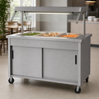 Thumbnail image #4 for Vollrath 2-Series Affordable Portable™ 38729464A 3-Well Mobile Hot Food Station with Illuminated Breath Guard and Sliding-Door Storage