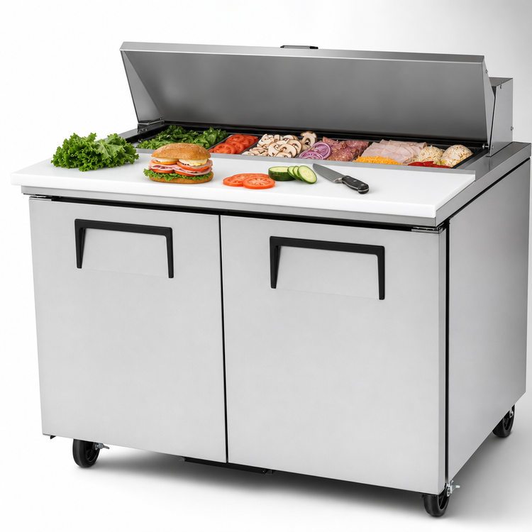 Product image #4 for True 48-Inch 2-Section Self-Contained Sandwich/Salad Prep Table with 12-Pan Top and 2 Doors