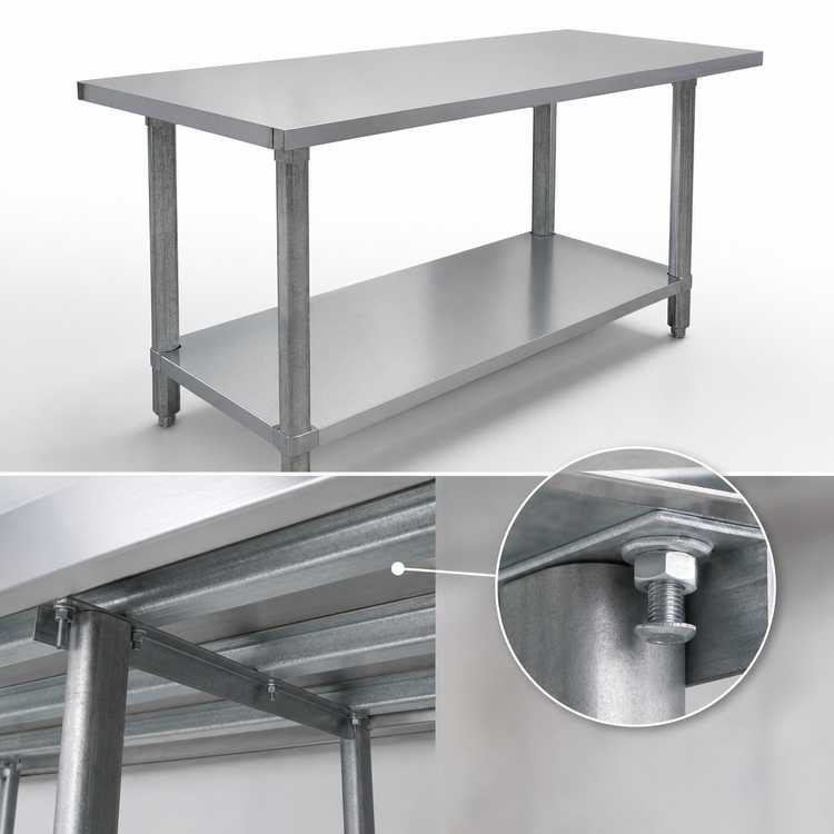 Product image #4 for Omcan Standard Series 84-Inch x 30-Inch Stainless Steel Work Table with Galvanized Undershelf, 6 Legs