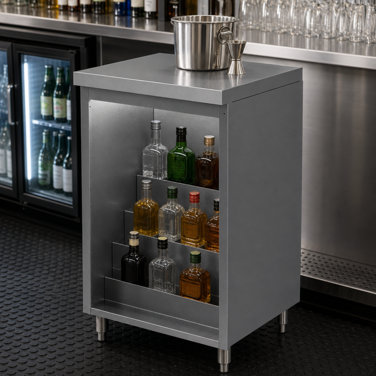Product image #4 for 24-Inch Stainless Steel Back Bar Liquor Step Cabinet with Flat Top and 4 Display Steps