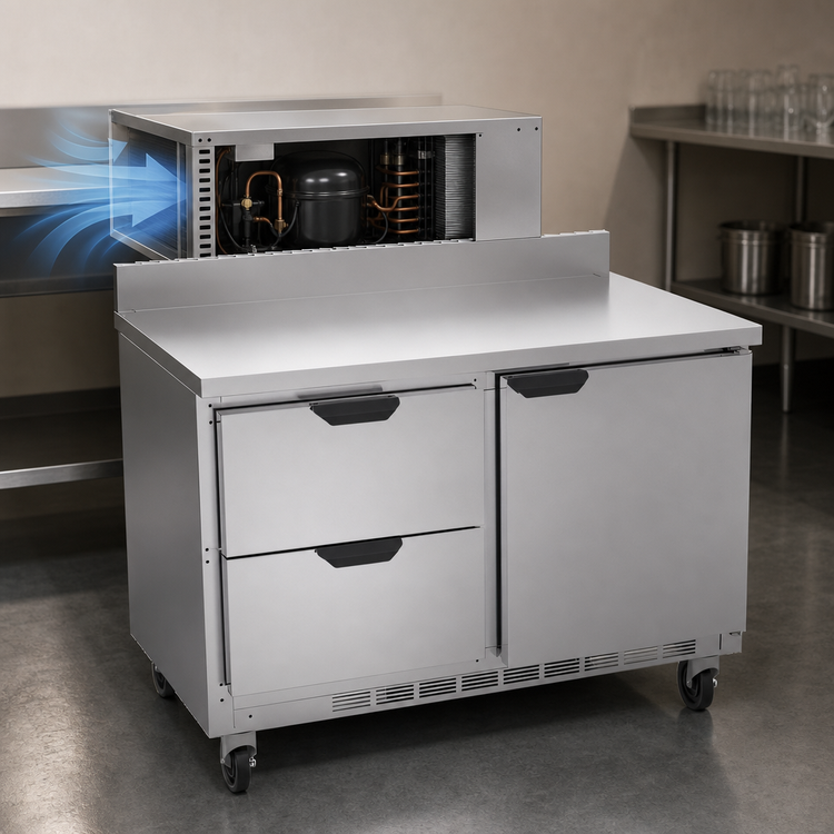 Product image #4 for Beverage-Air 48-Inch Two-Section Worktop Freezer with 2 Drawers and 1 Solid Door, Rear-Mounted Self-Contained R290
