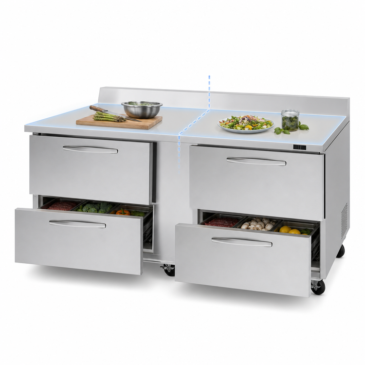 Product image #4 for Turbo Air PRO Series 72-5/8-Inch Two-Section Refrigerated Work Top with 4 Drawers
