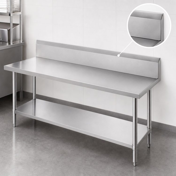Product image #4 for Advance Tabco 144" x 30" 14-Gauge 304 Stainless Steel Work Table with 10" Backsplash and Adjustable Undershelf