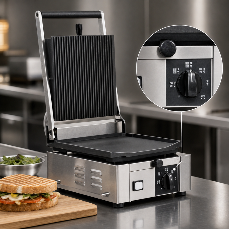 Product image #4 for Trento Single Countertop Panini Press / Sandwich Grill with Ribbed Cast Iron Top and Flat Bottom, 10 x 9 Inch Surface