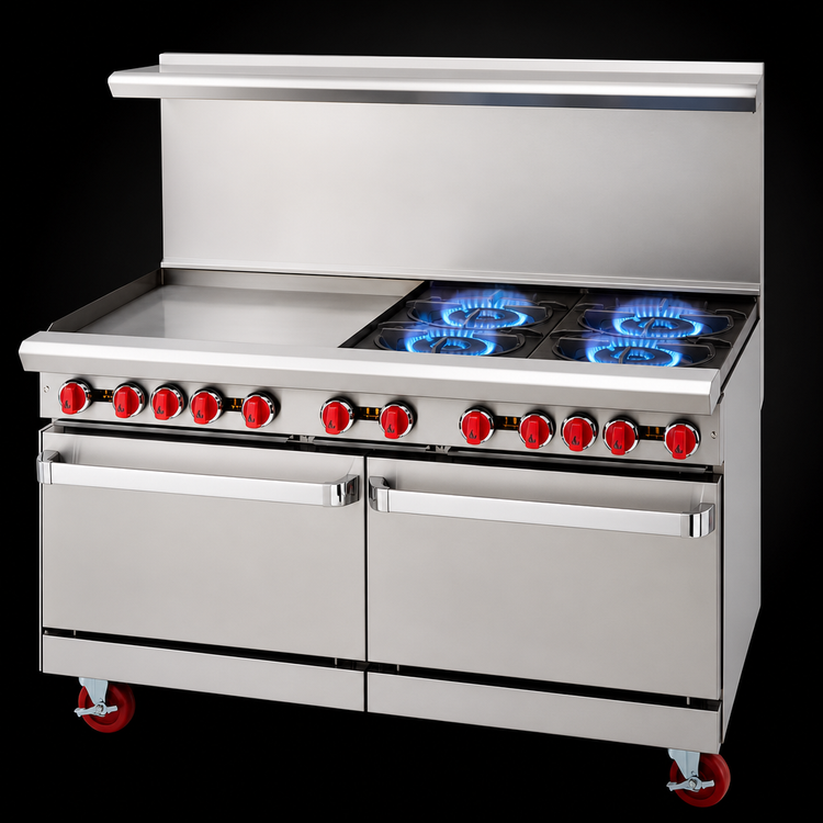 Product image #4 for American Range 60-Inch Gas Restaurant Range with 36-Inch Left Griddle, 4 Open Burners, and 2 Standard Ovens