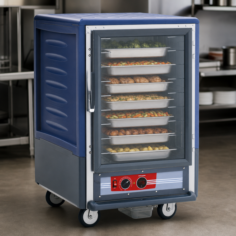 Product image #4 for Metro C5 3 Series Mobile Half-Height Heated Holding Cabinet with Blue Insulation Armour, Clear Door, Lip Load Slides, 17-Pan Capacity, 120V