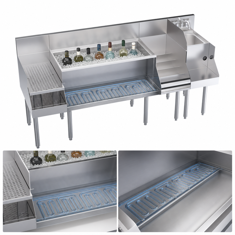 Product image #5 for Krowne Royal Series 72-Inch Underbar Cocktail Station with Center Ice Bin, Blender Station, Liquor Display, Drainboard, and 10-Circuit Cold Plate