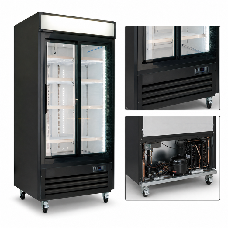 Product image #4 for Kelvinator Commercial 39.5-Inch Two-Section Reach-In Glass Door Refrigerated Merchandiser, Bottom-Mount, 36 Cu. Ft., Sliding Doors