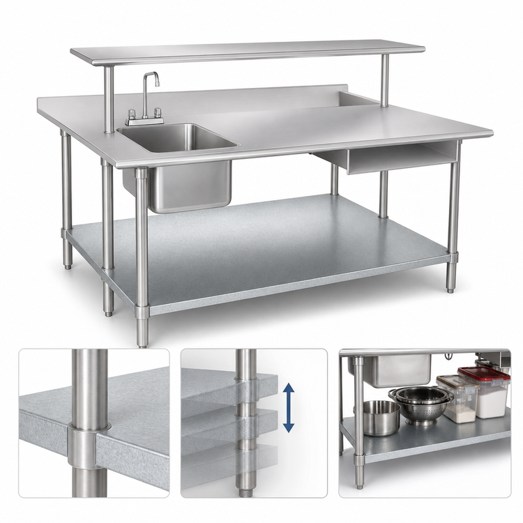 Product image #4 for Advance Tabco 84"W x 48"D Flat Top Work Table with 14-Gauge 304 Stainless Steel Top and Galvanized Undershelf