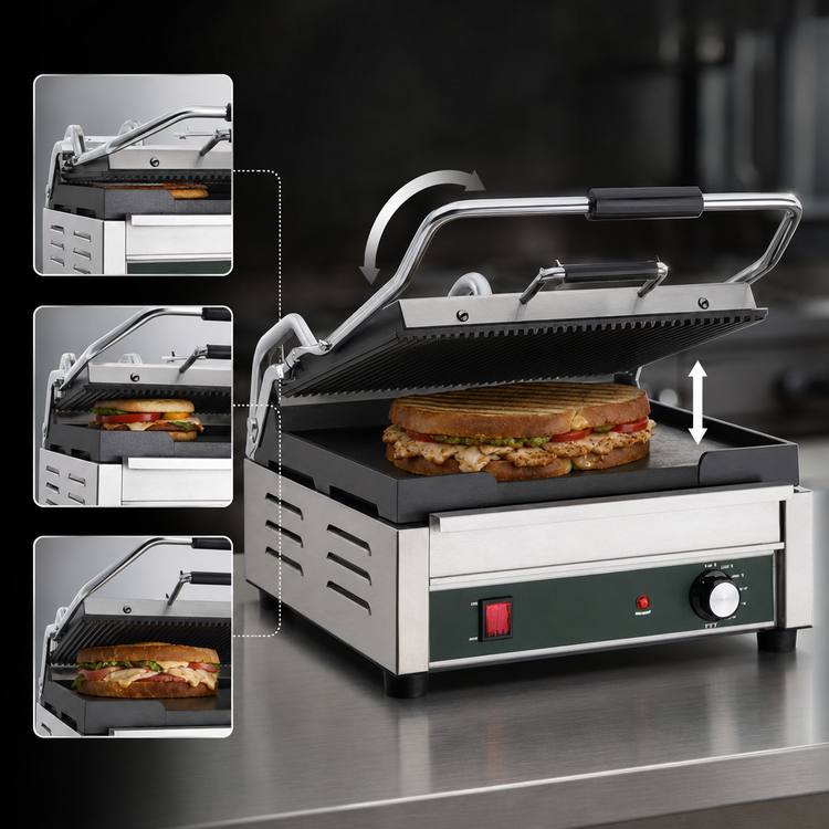 Product image #4 for Waring WDG250 Commercial Dual-Surface Electric Countertop Panini Grill with Ribbed Top and Flat Bottom Cast Iron Plates