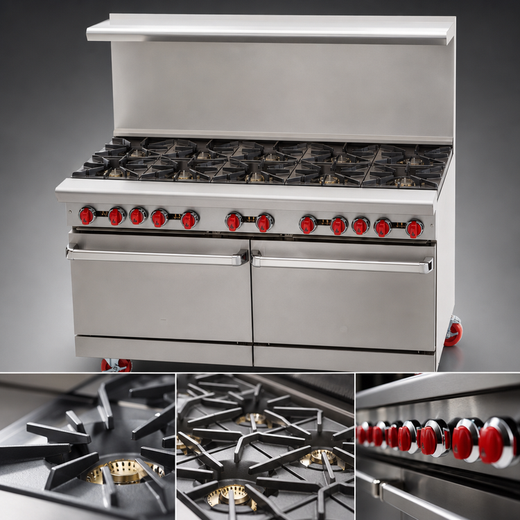 Product image #4 for American Range 60-Inch Commercial Gas Range with Left Griddle, 8 Open Burners, Standard Oven, and Storage Base