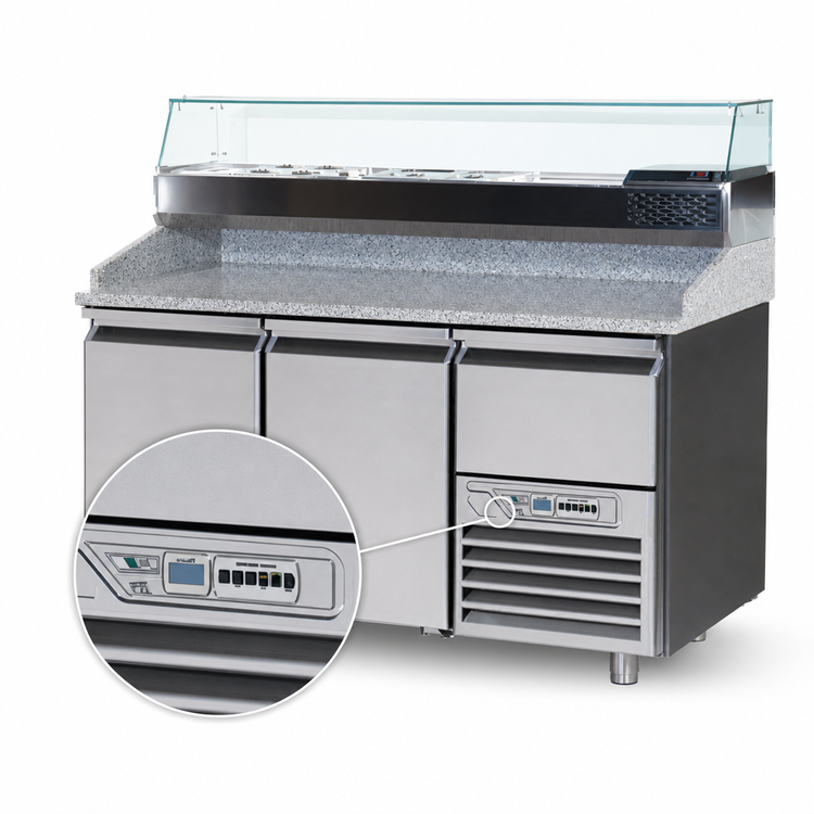 Product image #4 for Marra Forni Two-Section Refrigerated Pizza Prep Table with Granite Work Surface and 7 x 1/3 Pan Rail