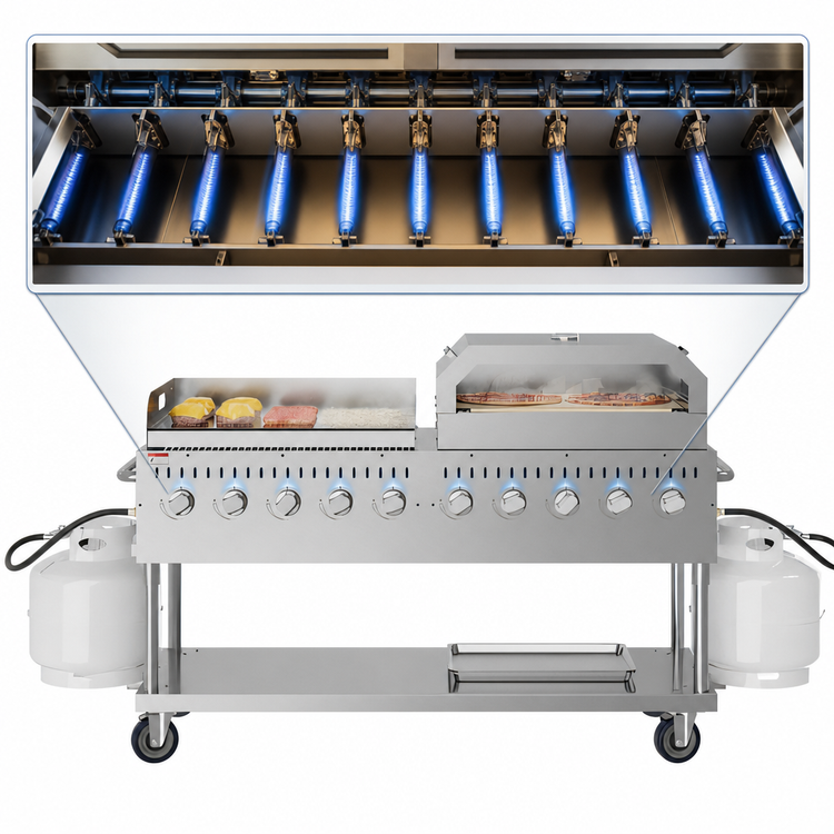 Product image #4 for KoolMore 72-Inch Commercial Outdoor Propane Gas Grill Combo with 10 Burners, 36-Inch Griddle, and 36-Inch Pizza Oven