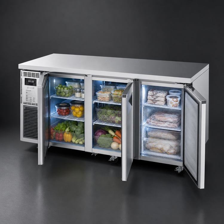 Product image #4 for Turbo Air J Series Three-Section Dual Temp Undercounter Refrigerator/Freezer, Side Mount, Self-Contained, 70-7/8 Inch