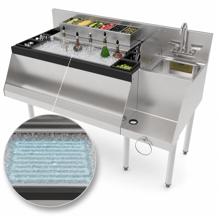 Product image #4 for 48-Inch Stainless Steel Underbar Ice Bin/Cocktail Station with Blender Station and 10-Circuit Cold Plate