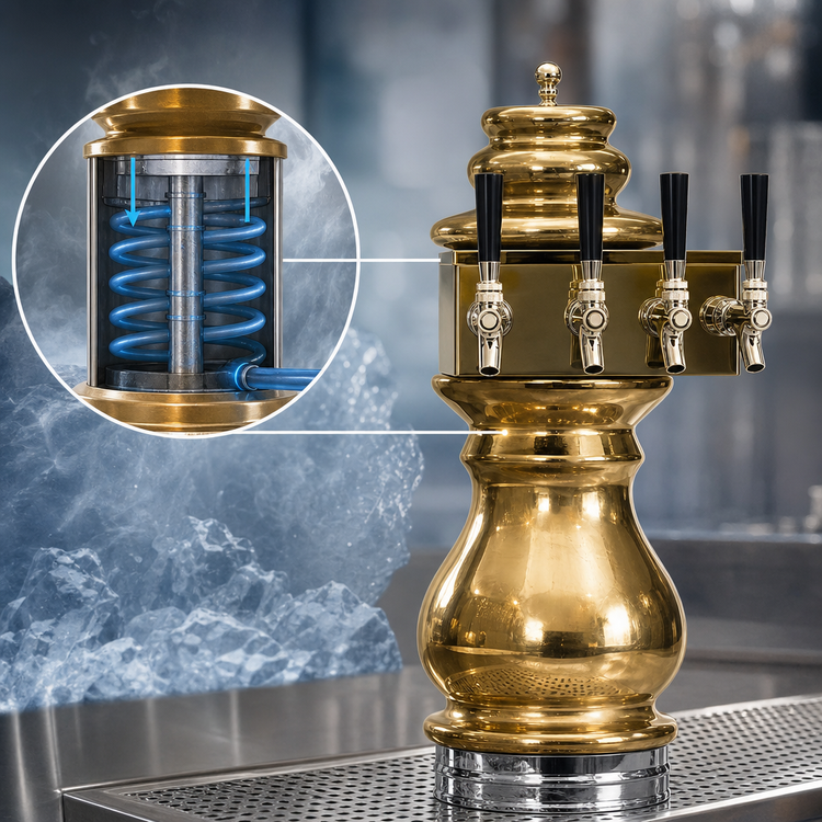 Product image #4 for Glastender Braumeister 3-Faucet Countertop Glycol-Cooled Ceramic Draft Dispensing Tower, Polished Brass Finish