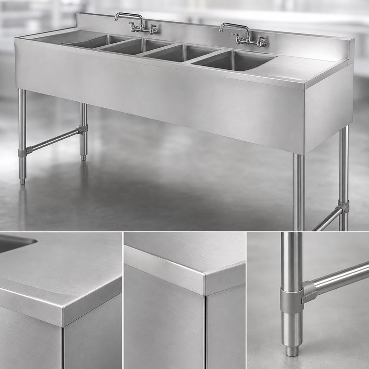 Product image #4 for Klinger's Trading Four-Compartment Stainless Steel Underbar Sink with Drainboards and Faucets