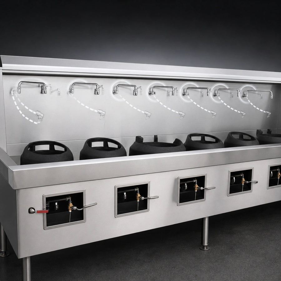Six Swing Faucets on Backsplash
