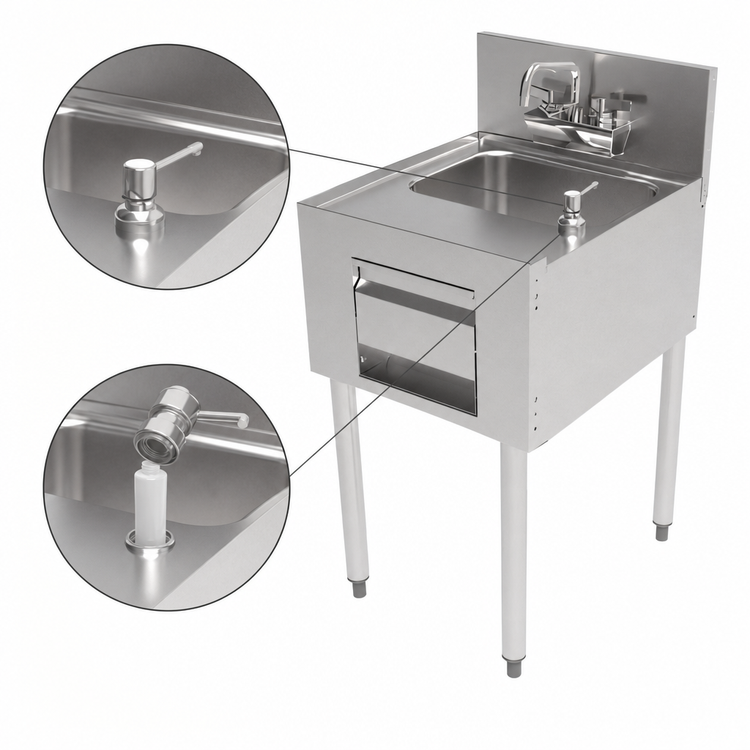 Product image #5 for Perlick Top Shelf 18-Inch Wide x 24-Inch Deep Full-Depth Freestanding Underbar Hand Sink with Integrated Soap and Paper Towel Dispensers