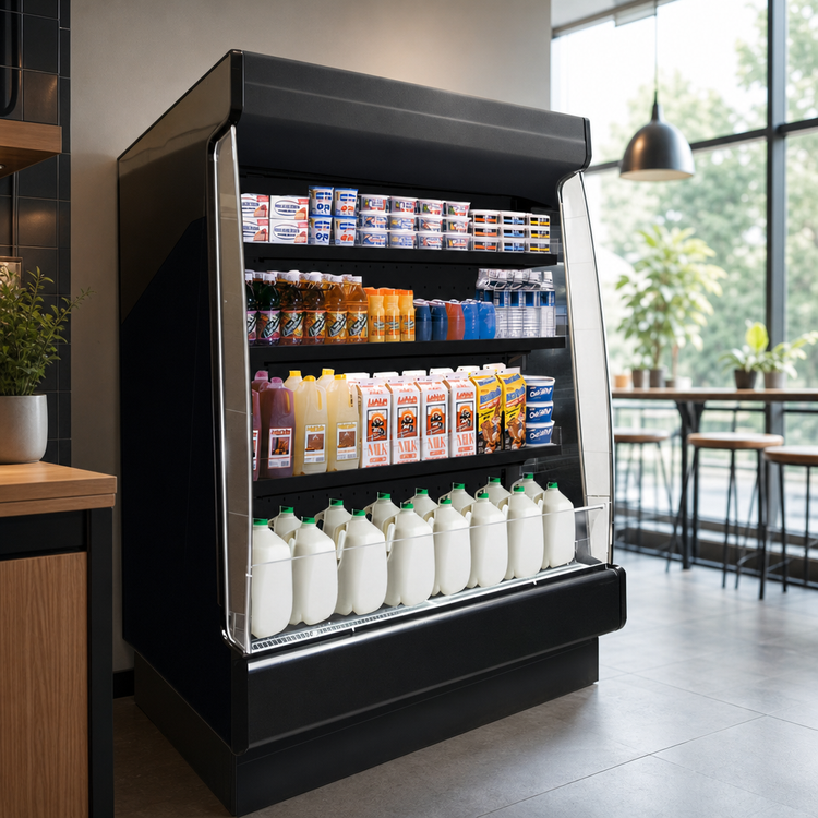 Product image #4 for Howard-McCray Low-Base Multi-Purpose Remote Open-Air Merchandiser, 51W x 34.5D x 60H, Black, 3-Tier Lit Shelves