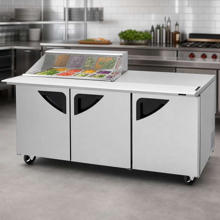 Product image #4 for Turbo Air Super Deluxe Three-Section Refrigerated Sandwich/Salad Mega Top Prep Table with Clear Top and 15-Pan Opening