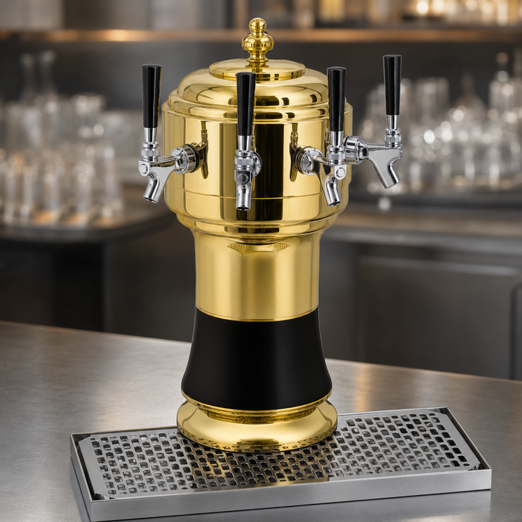 Product image #4 for Glastender Zeus 3-Faucet Countertop Draft Dispensing Tower, Polished Brass Finish