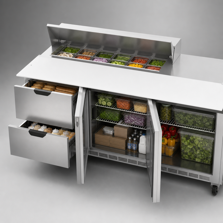 Product image #5 for Beverage-Air 72-Inch Three-Section Sandwich Prep Table with 12-Pan Top, 2 Doors, 2 Drawers, and Rear-Mounted Refrigeration
