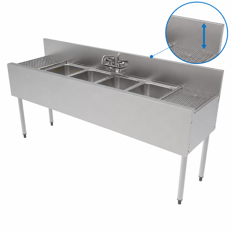 Product image #5 for Perlick TS Series 72-Inch Four-Compartment Underbar Multi-Tank Sink Unit with 6-Inch Backsplash and Dual Drainboards