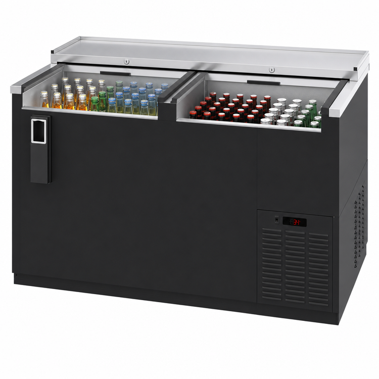 Product image #4 for Hoshizaki CC50 Two-Section Reach-In Refrigerated Bottle Cooler with Top-Sliding Locking Lids, 50-1/2 Inch Wide, 14.4 Cu. Ft.