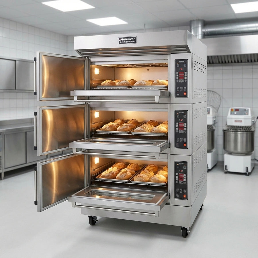 Maximize your bakery's output with this three-deck oven, designed to accommodate two full-size baking pans per deck for superior capacity.