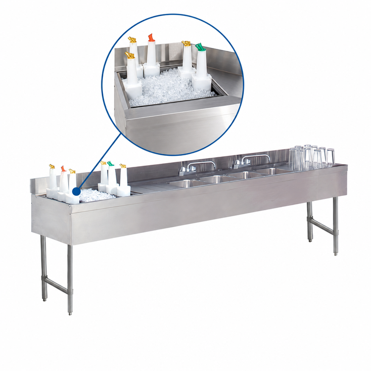 Product image #4 for Advance Tabco Underbar Basics 96-Inch Stainless Steel 4-Compartment Bar Sink and Ice Bin Combo with Left Ice Bin and Deck-Mount Faucets