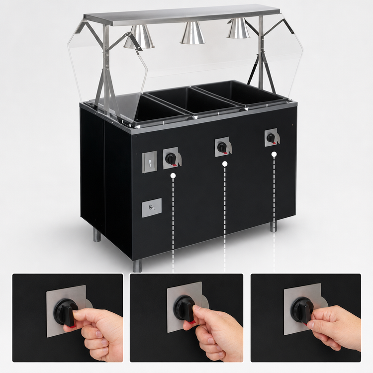 Product image #4 for Vollrath 2-Series Affordable Portable 3-Well Mobile Hot Food Station Deluxe with Buffet Breath Guard, Lights, and Enclosed Storage Base, 120V
