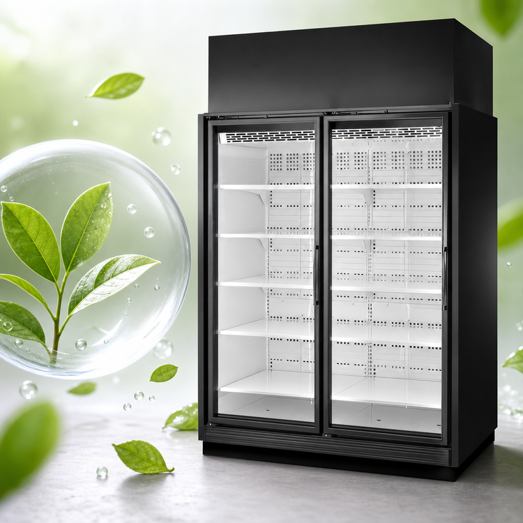 Product image #4 for True Two-Section Medium-Temp Self-Contained Glass Door Merchandiser, Black Exterior/White Interior, Left-End Finished