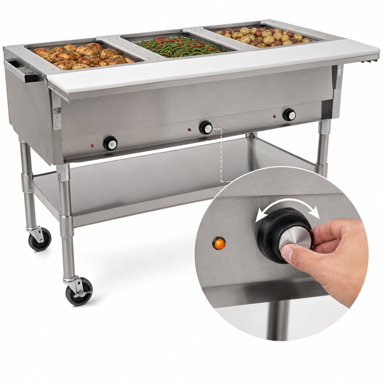 Product image #4 for Portable Electric Hot Food Table, 51-Inch Wide, with 3 Dry Wells, Open Base, and Cutting Board