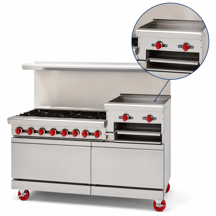 Product image #4 for American Range 60-Inch Gas Restaurant Range with 4 Open Burners, 36-Inch Raised Griddle/Broiler, Standard Oven, and Storage Base