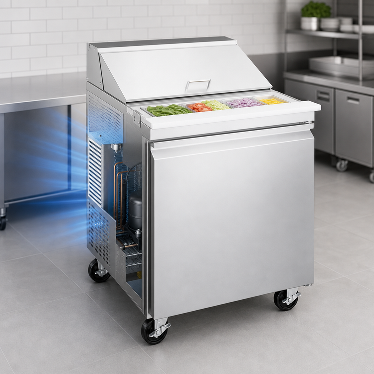 Product image #4 for Omcan Aurora Mega Top Salad/Sandwich Prep Table, 1-Section, 27-1/2-Inch Wide, Rear-Mount Self-Contained Refrigeration