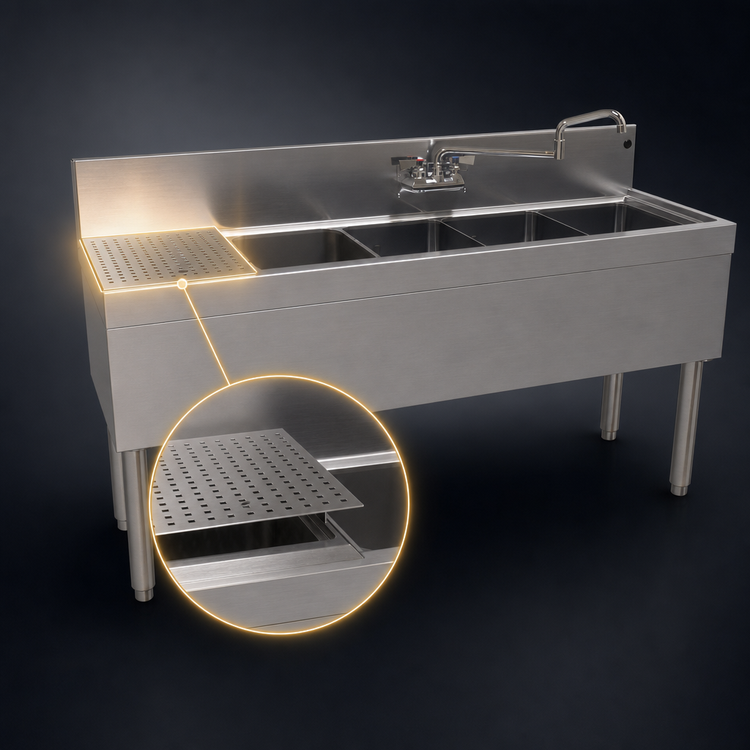 Product image #4 for Glastender Stainless Steel Four-Compartment Underbar Sink Unit with Left Drainboard, 60-Inch x 19-Inch