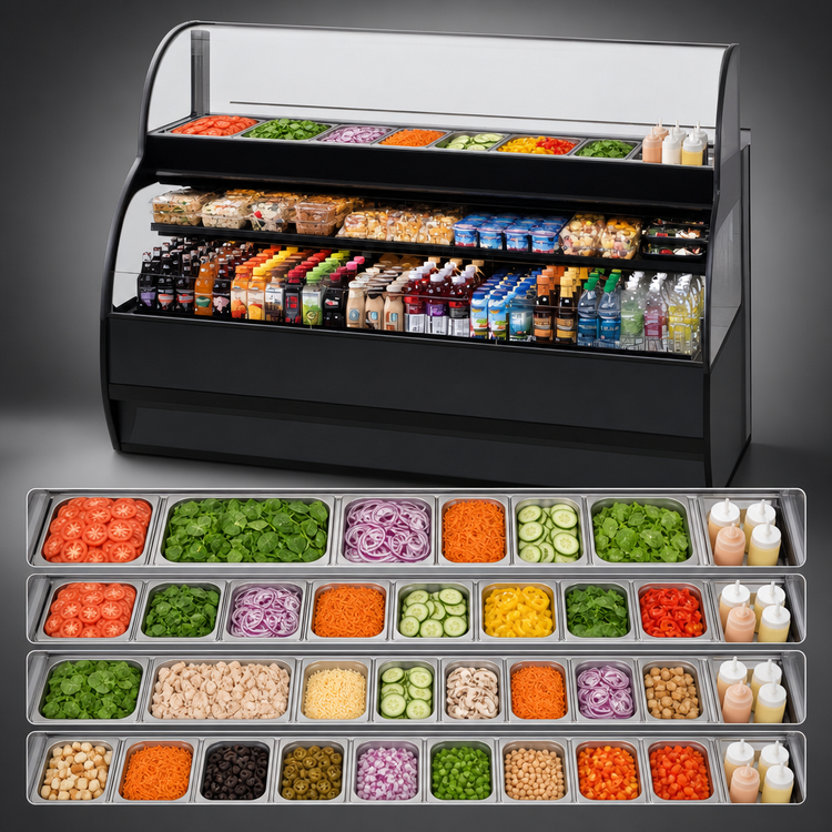 Product image #4 for Federal Industries SSRSP7752 Sandwich or Salad Prep Merchandiser with Refrigerated Self-Serve Bottom, 77 Inch Wide, Black