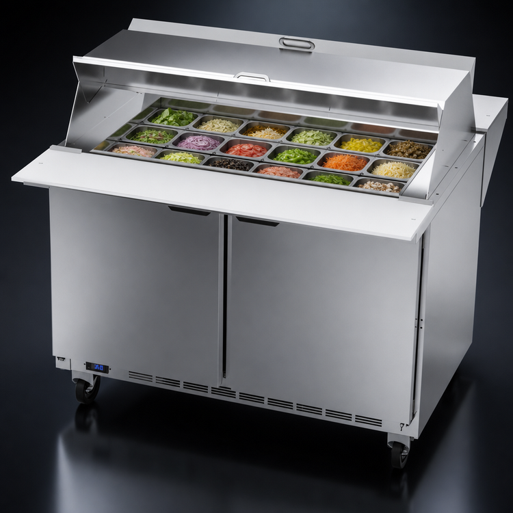 Product image #5 for Beverage-Air SPE48HC-18M-DS 48-Inch Dual-Side Mega Top Refrigerated Prep Table, Two-Section, 2-Door, 18-Pan