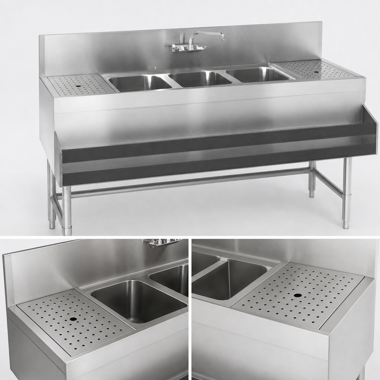 Product image #4 for Spec-Bar 3-Compartment Stainless Steel Underbar Sink Unit with Left & Right Drainboards, 60 Inch x 24 Inch