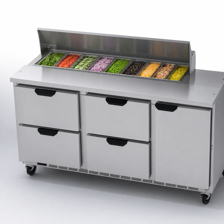 Product image #5 for Beverage-Air 72-Inch Three-Section Sandwich Prep Table Refrigerator with 4 Drawers, 1 Door, and 10-Pan Top