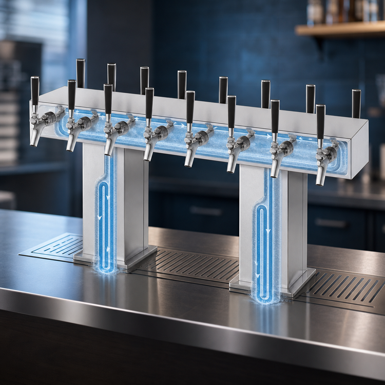 Product image #4 for Perlick Extra High Back-to-Back Bridge Tee Countertop Glycol-Cooled Draft Beer Tower, 36 Faucets, Stainless Steel