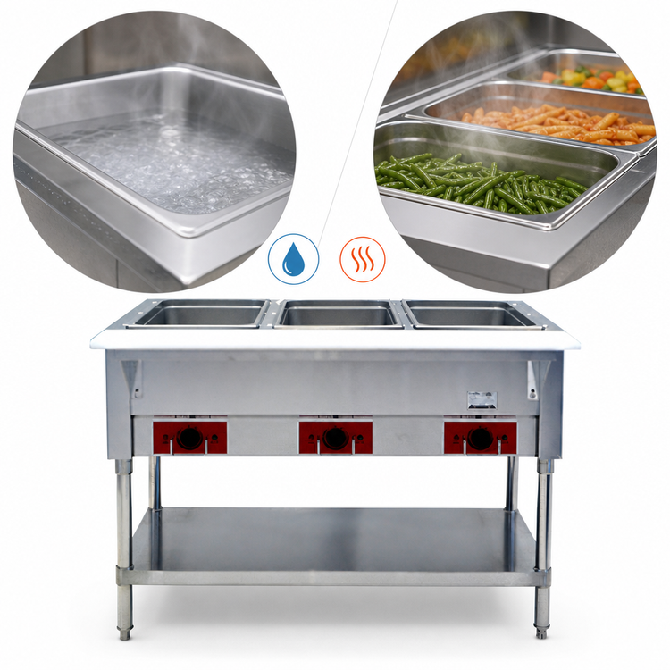 Product image #5 for CookRite 3-Well Electric Steam Table with Open Wells, Cutting Board Shelf, and Undershelf