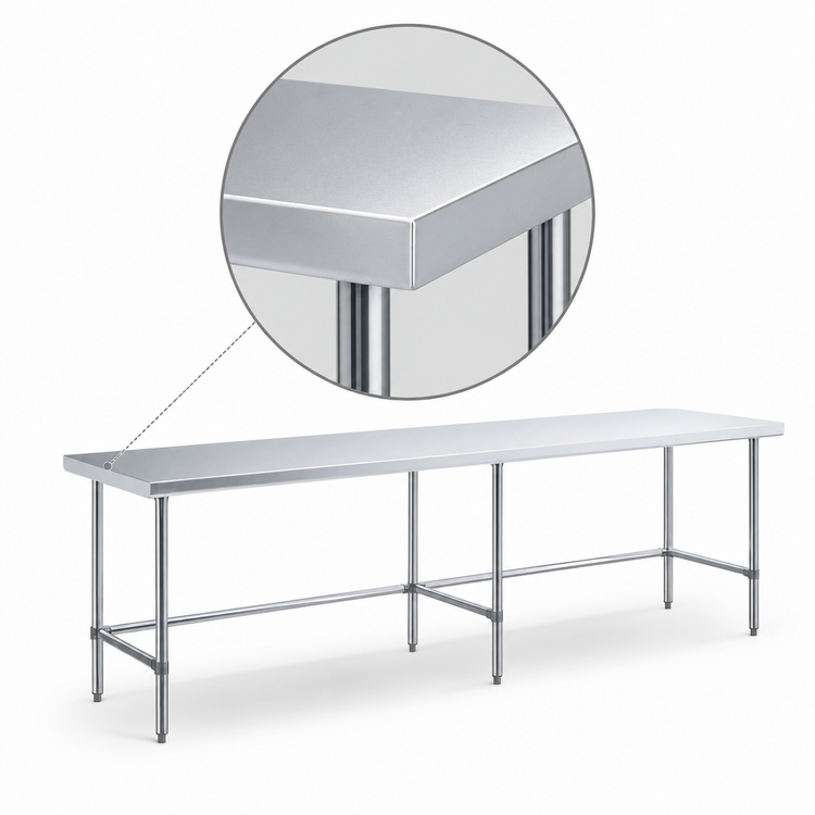 Product image #4 for Sapphire 108-Inch x 14-Inch 18-Gauge 430 Stainless Steel Flat Top Underbar Work Table with Open Base and Galvanized Legs