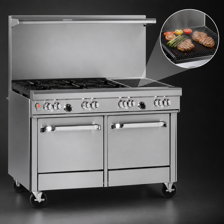 Product image #4 for Southbend Ultimate 48-Inch Gas Restaurant Range with 4 Open Burners, 24-Inch Charbroiler, and 2 Space Saver Ovens